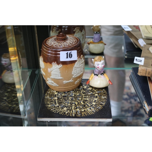 16 - Doulton Harvest lidded Tobacco jar, Copenhagen tile and a Crown Staffordshire Pixie on a Toadstool