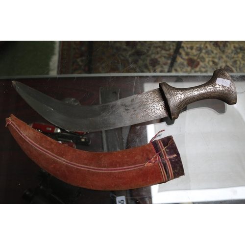 164 - Indian Silver handled Khanjar dagger with engraved blade and curved scabbard. 38cm in Length