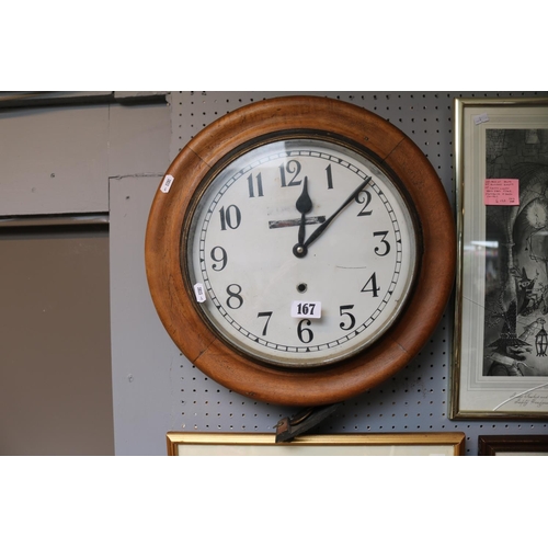 167 - Late 19thC Circular Antique school clock with Numeral dial, Pendulum and later key