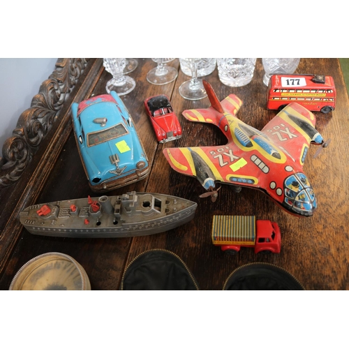 177 - Collection of assorted Japanese and other Tinplate toys to include Aeroplane, London Bus etc