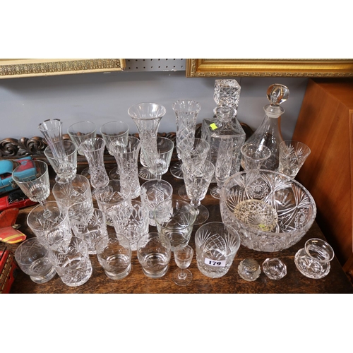 179 - Collection of assorted Crystal and glassware to include Fruit Bowl, Whisky glasses, Decanters etc