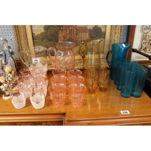 190 - 4 Mid Century glass water jugs and assorted glasses