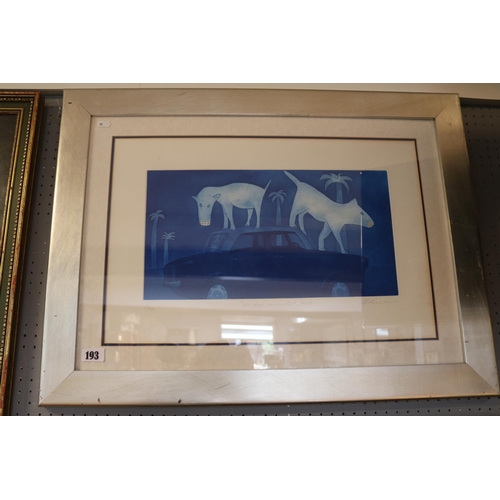 193 - Framed limited edition print entitled 'Two Dogs unravelled travel' 4 of 20 signed indistinctly to bo... 