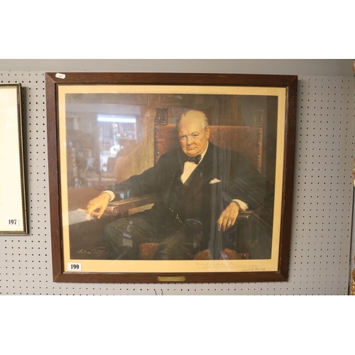 199 - Winston Churchill framed print after Arthur Pan in oak frame with Plaque presented by John Bardolph ... 