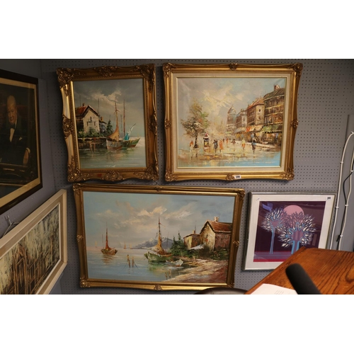 200 - 3 Oil on canvas paintings of Maritime and street scene