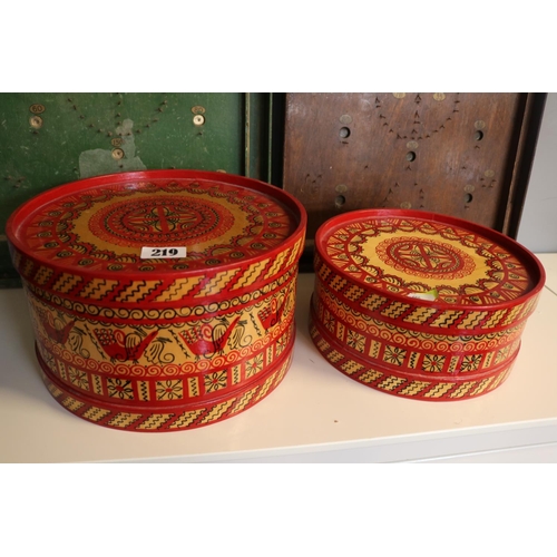 219 - 2 Mid Century Hand Painted Folk Art Circular ply boxes