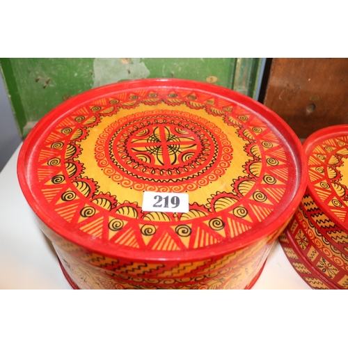 219 - 2 Mid Century Hand Painted Folk Art Circular ply boxes