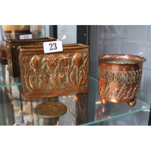 23 - Art & Crafts Rectangular Flower box with repousse decoration, a Joseph Sankey and Sons Cylindrical c... 