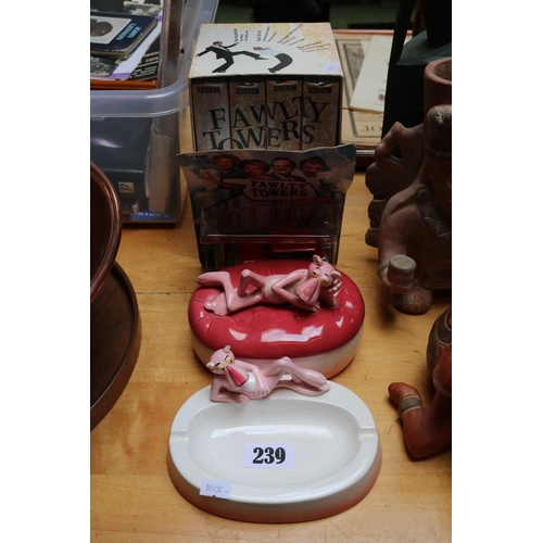 239 - Royal Orleans Pink Panther Ashtray, Pink Panther lidded pot and a Set of 4 Fawlty Towers Videos