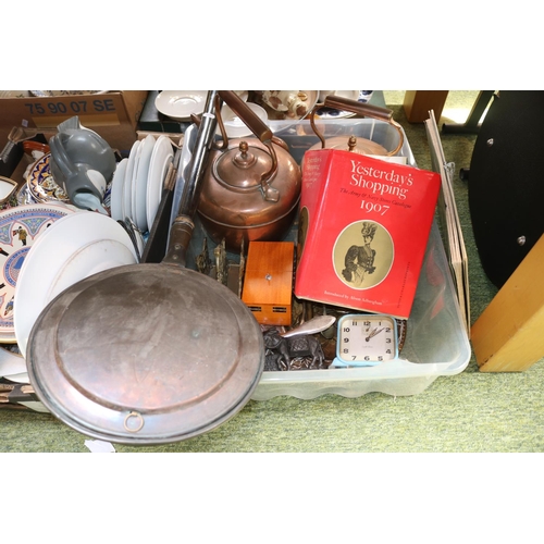 245 - Box of assorted Bygones to include Copper kettles, Mid Century Smiths Alarm clock etc