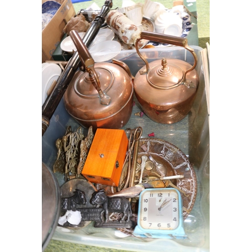 245 - Box of assorted Bygones to include Copper kettles, Mid Century Smiths Alarm clock etc