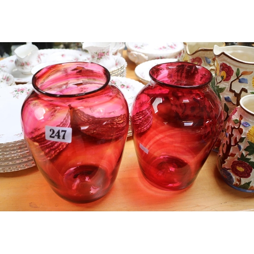 247 - Pair of Hand Blown Cranberry glass vases with cut off pontils   25cm in Height