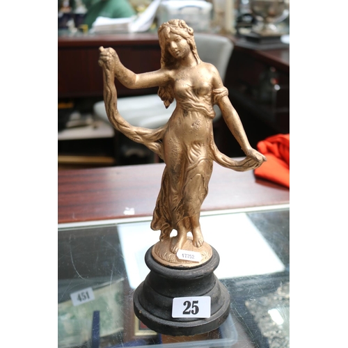 25 - Gilt Cast Figure of a Art Nouveau woman on wooden turned base 30cm in Height