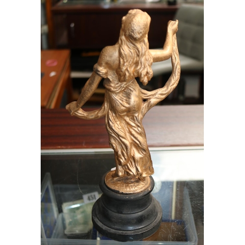 25 - Gilt Cast Figure of a Art Nouveau woman on wooden turned base 30cm in Height