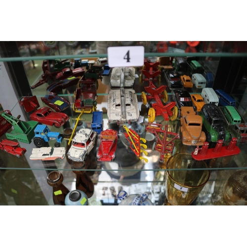 4 - 2 Shelves of Play worn Dinky and Matchbox vehicles to include Ford Thunderbird, Commer, Maximum Secu... 