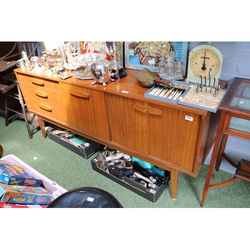 597 - Mid Century Sideboard with fall front flanked by Cupboard and drawers over splayed legs