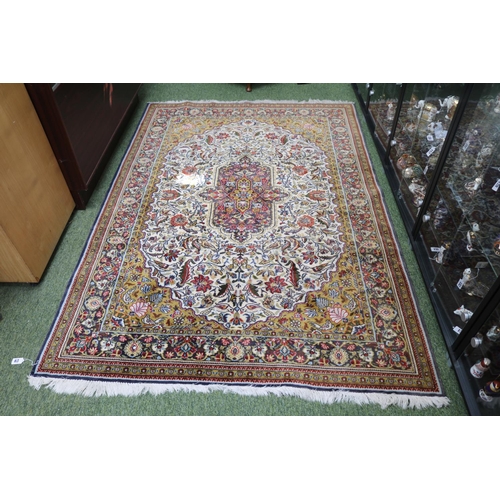 63 - Good quality Persian Rug with Cream , Navy and Green ground 144 x 210cm