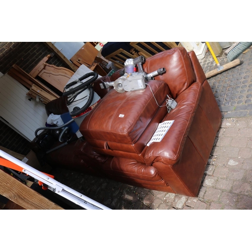 647 - Brown Leather 2 seater sofa, armchair and footstool