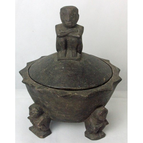 43 - Ifugao Carved Wooden Lidded Bowl with 'Balul' Guardian Figures as a Finial and Feet