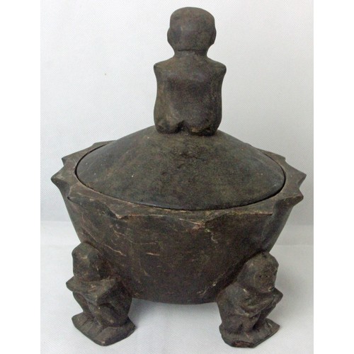 43 - Ifugao Carved Wooden Lidded Bowl with 'Balul' Guardian Figures as a Finial and Feet