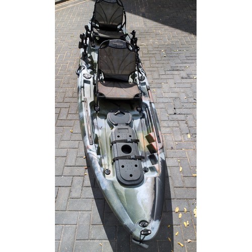 Orca Double Sit on Fishing Kayak in Jungle Cameo with paddles and two wheel transporter