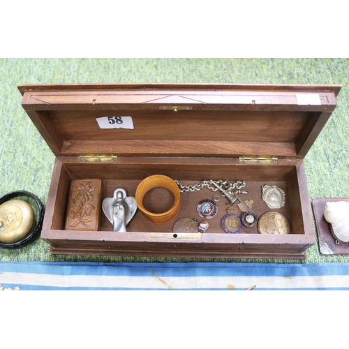 58 - 19thC Carved Walnut box with assorted Bijoux items to include Kent Rifle Association Medallion, Silv... 