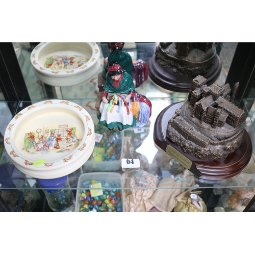 64 - Royal Doulton Bunnykins Baby Bowl, Royal Doulton Silks & Ribbons and a Model of 'Rock of Cashel' Tip... 