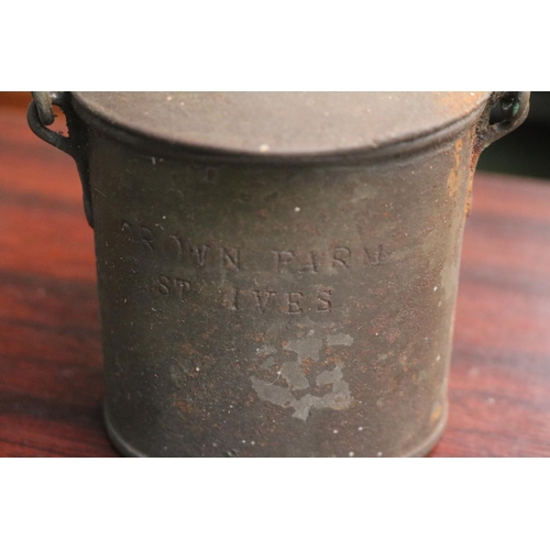 1 - 19thC Tin Cream Can marked Crown Farm St Ives. 9cm in Height