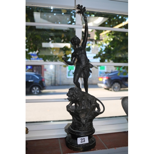 23 - Le Pouvoir Spelter figure mounted on wooden turned Pillar  50cm in Height