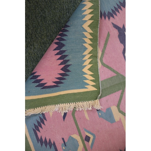 32 - Flat weave Bird and Floral decorated rug with tassel ends 157 x 90cm