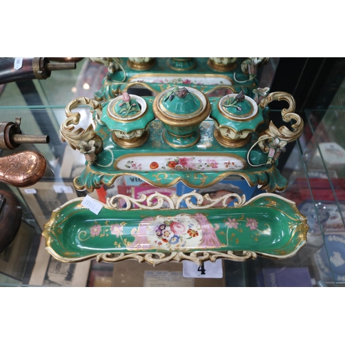 4 - Antique Porcelain Late regency Inkstand with heavily gilded double scrolled handle handles with remo... 