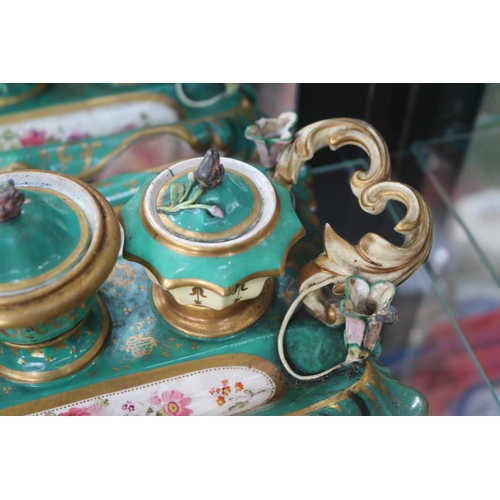 4 - Antique Porcelain Late regency Inkstand with heavily gilded double scrolled handle handles with remo... 