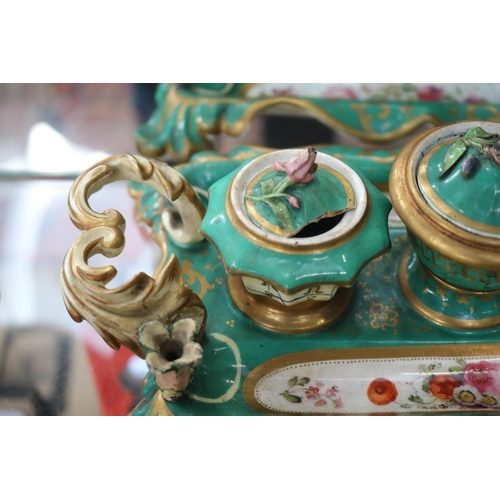 4 - Antique Porcelain Late regency Inkstand with heavily gilded double scrolled handle handles with remo... 