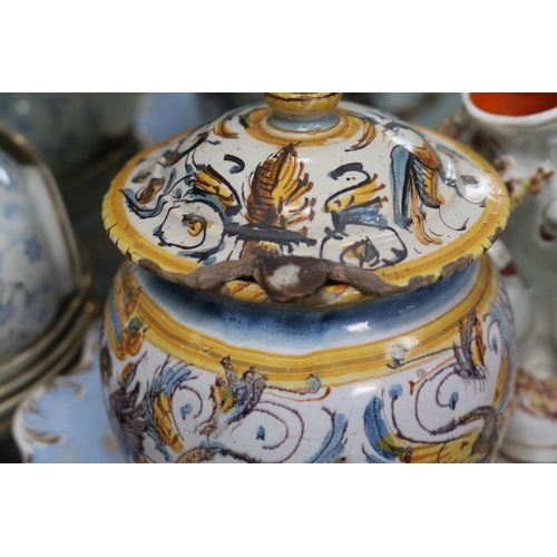 78 - Collection of 19thC and later ceramics to include Maiolica lidded tobacco Jar, Staffordshire spill v... 