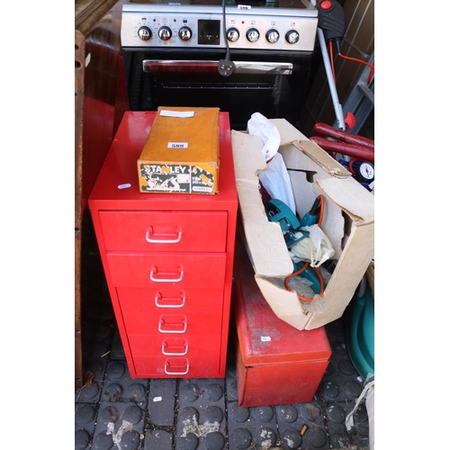 588 - Vintage Red Metal Chest of 6 drawers and a Red metal tool box with a Stanley Plane