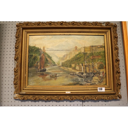 110 - 19thC Gesso framed Oil on board of the Clifton Suspension Bridge river scene depicting Steam Ships