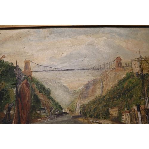 110 - 19thC Gesso framed Oil on board of the Clifton Suspension Bridge river scene depicting Steam Ships