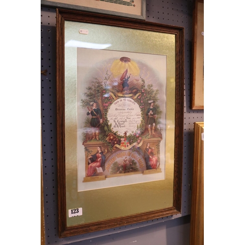 123 - Ancient Order of Foresters framed certificate for Ocatavins Cable