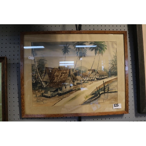 125 - Framed watercolour of a Village scene Kampong Melayo