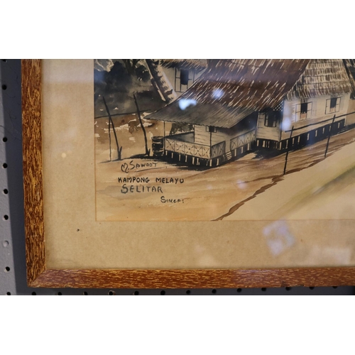 125 - Framed watercolour of a Village scene Kampong Melayo