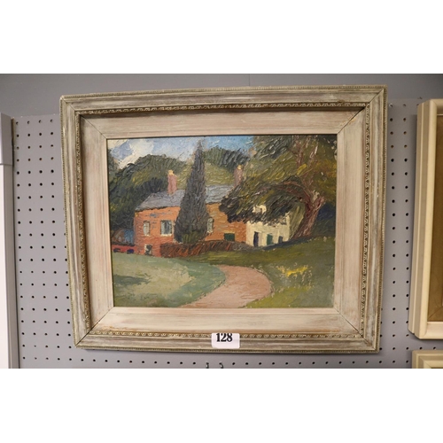 128 - A W Roberts 'The Big House' Oil on board of a Village scene