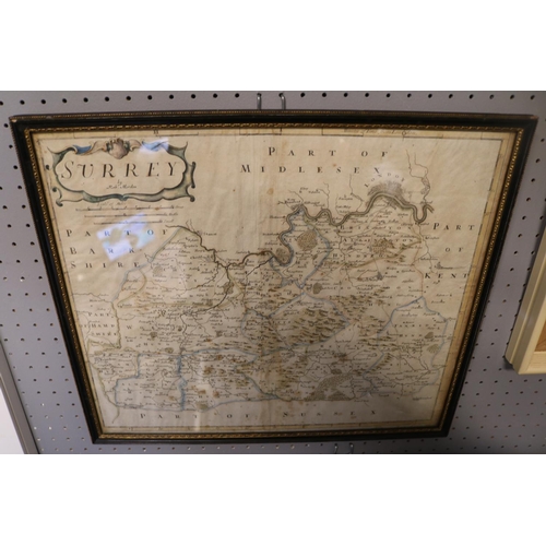 129 - Robert Morden Framed Map of Surrey hand tinted