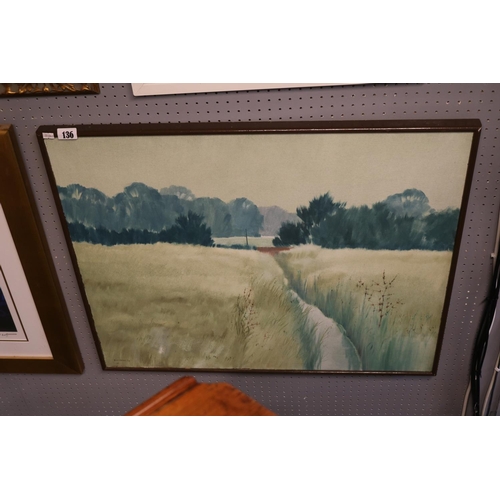 136 - Framed Watercolour of Wheatfield signed B Glidden 78 entitled Red Bridge