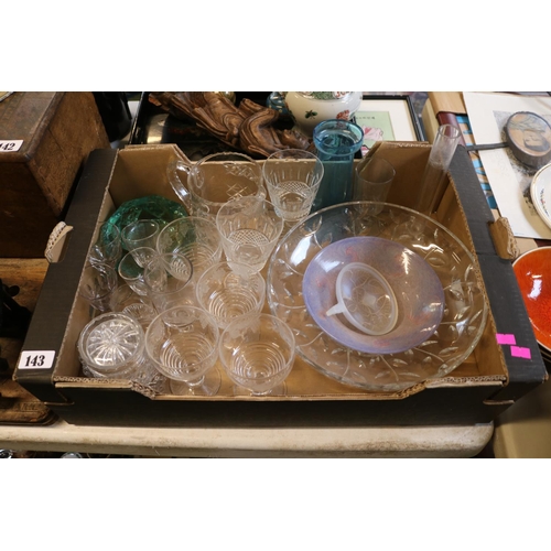 143 - Box of assorted Pressed and Cut Glassware to include Frosted glass Art Deco dish, Rummers etc.