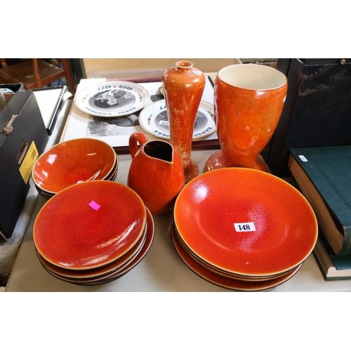 148 - Art Deco Ruskin Orange ground vase, Crown Devon Vase and a collection of French Orange glazed dinner... 