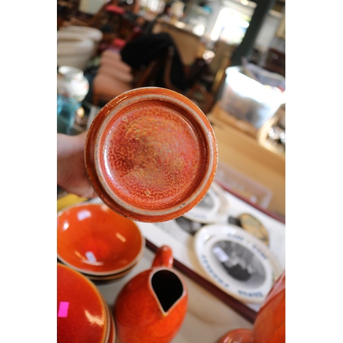 148 - Art Deco Ruskin Orange ground vase, Crown Devon Vase and a collection of French Orange glazed dinner... 