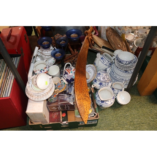 150 - Box of assorted Ceramics and bygones to include Welsh Gaudy, AA Card Badges, Curved Souvenir sword e... 