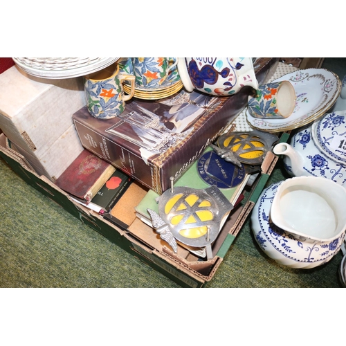 150 - Box of assorted Ceramics and bygones to include Welsh Gaudy, AA Card Badges, Curved Souvenir sword e... 