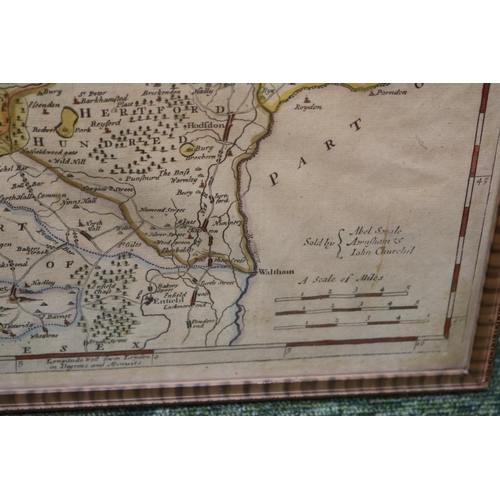 24 - Hertfordshire Map by Robert Morden hand tinted framed and glazed