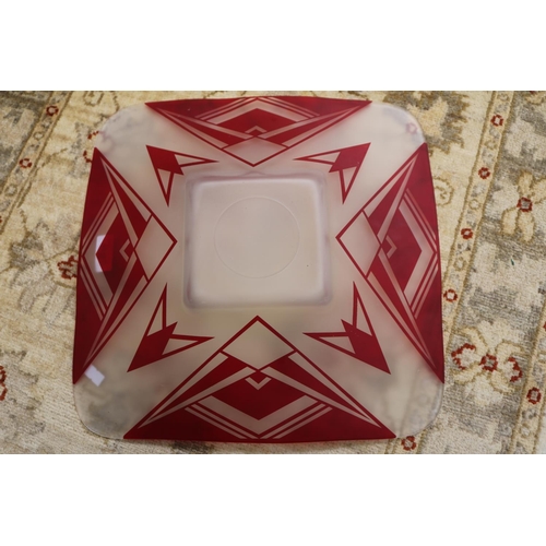 66 - Large Art Deco Style transfer printed frosted Square Bowl. 36cm in Diameter